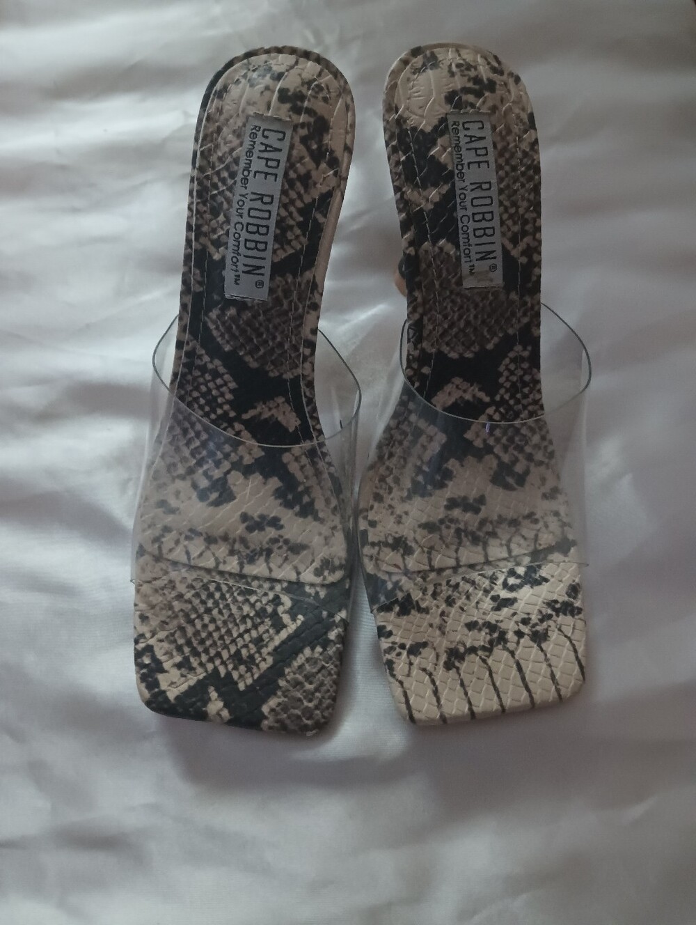 Cape Robbin Clear-Strap Snake-Print Slide Sandals in Beige and Black